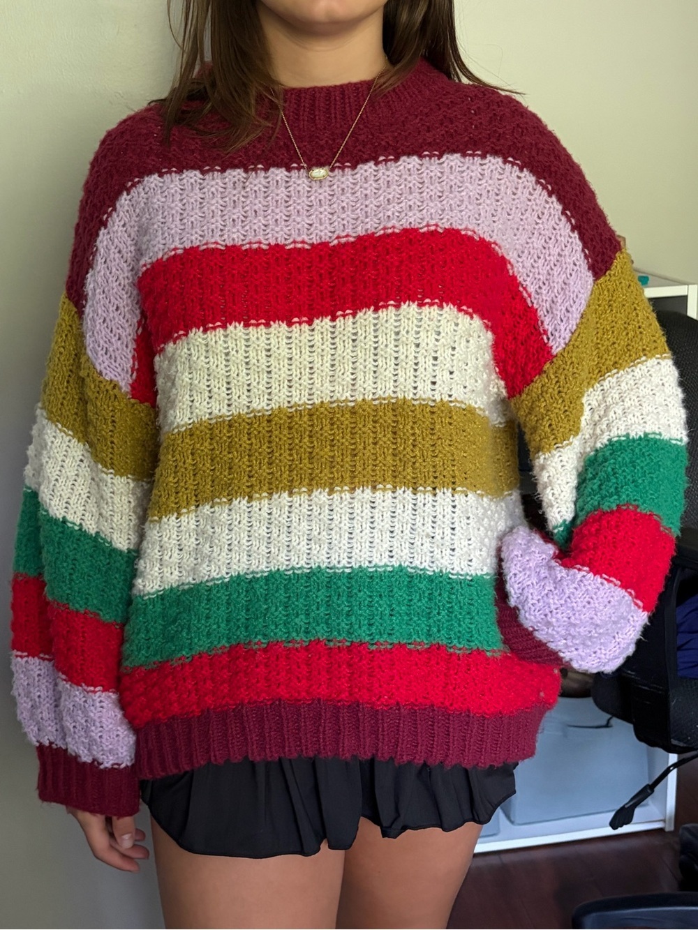 BiBi Multicolor Striped Chunky Crewneck Sweater Sz L Retro Trendy - Picture 8 of 8